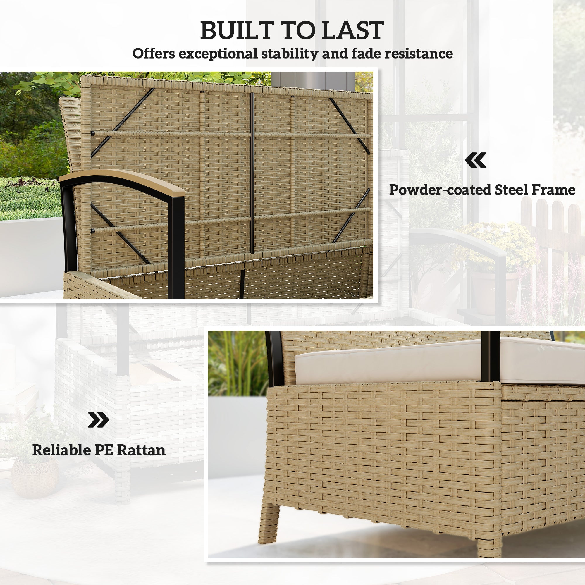 Outsunny 125L Garden Storage Bench, 2 Seater PE Rattan Outdoor Bench Storage Box with Padded Cushion, Khaki 