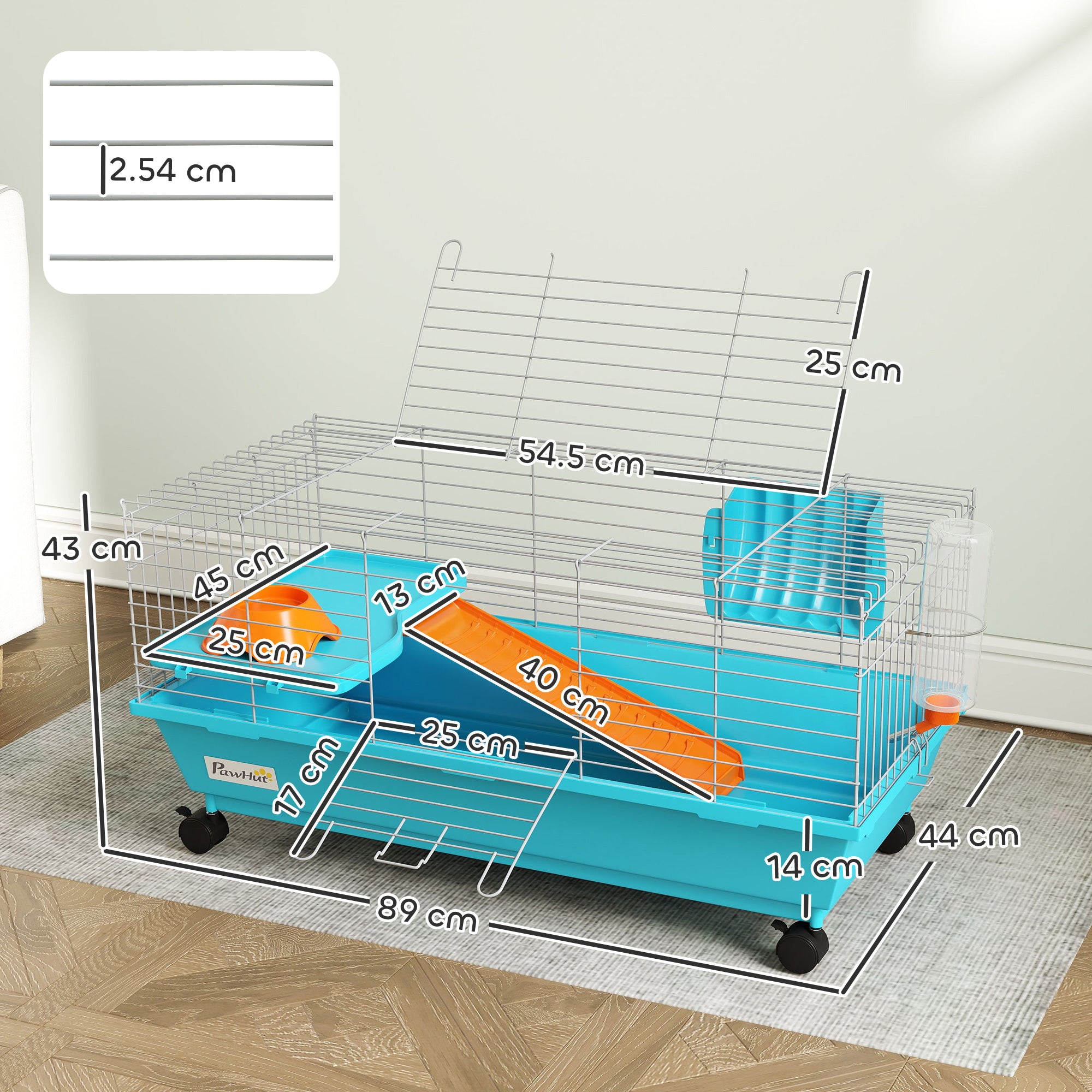 PawHut Small Animal Cage Rabbit Guinea Pigs Chinchillas Cage with Wheels Water Bottle 