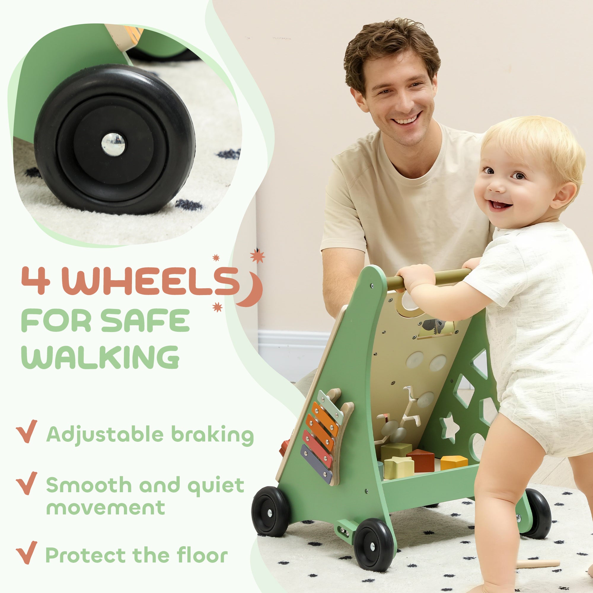 AIYAPLAY Wooden Baby Walker, Push Along Walker Toys with Speed Control, Xylophone, gears and Bead Maze, Green 