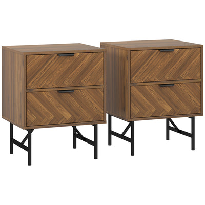 HOMCOM Bedside Table Set of 2 with 2 Drawers, Modern Side Tables with Herringbone Pattern and Metal Legs for Bedroom, Living Room, Walnut Brown 