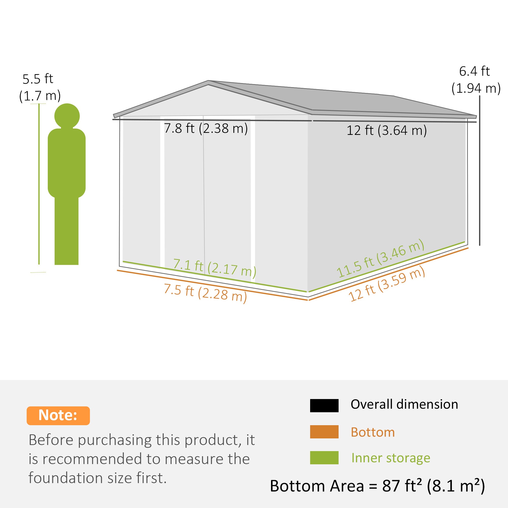 Outsunny 12 x 8 ft Garden Shed, Outdoor Storage Shed with 4 Vents and Lockable Double Doors, Dark Grey 