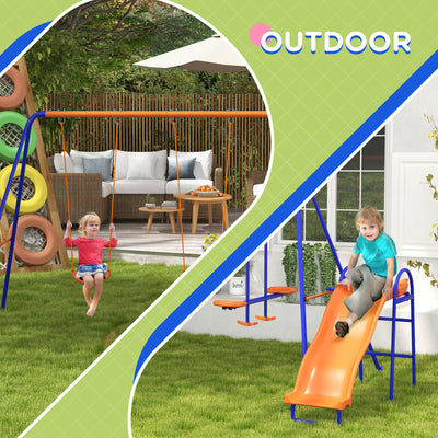 Outsunny Four-In-One Metal Garden Swing Set, with Double Swings, Glider, Slider, Ladder - Orange and Blue 