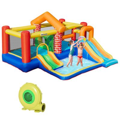 Outsunny 4 in 1 Kids Bouncy Castle Extra Large Double Slides & Trampoline Design Inflatable House Pool Climbing Wall with Blower Carrybag for Kids Age 3-8, 3.8 x 3.7 x 2.3m 