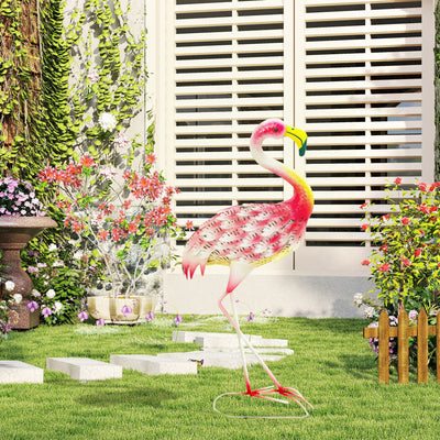 Outsunny Flamingo Garden Statue Ornament, Metal Bird Art Outdoor Statue, Standing Garden Sculpture Gift with Ground Stakes for Pond Landscape Decoration, Pink 