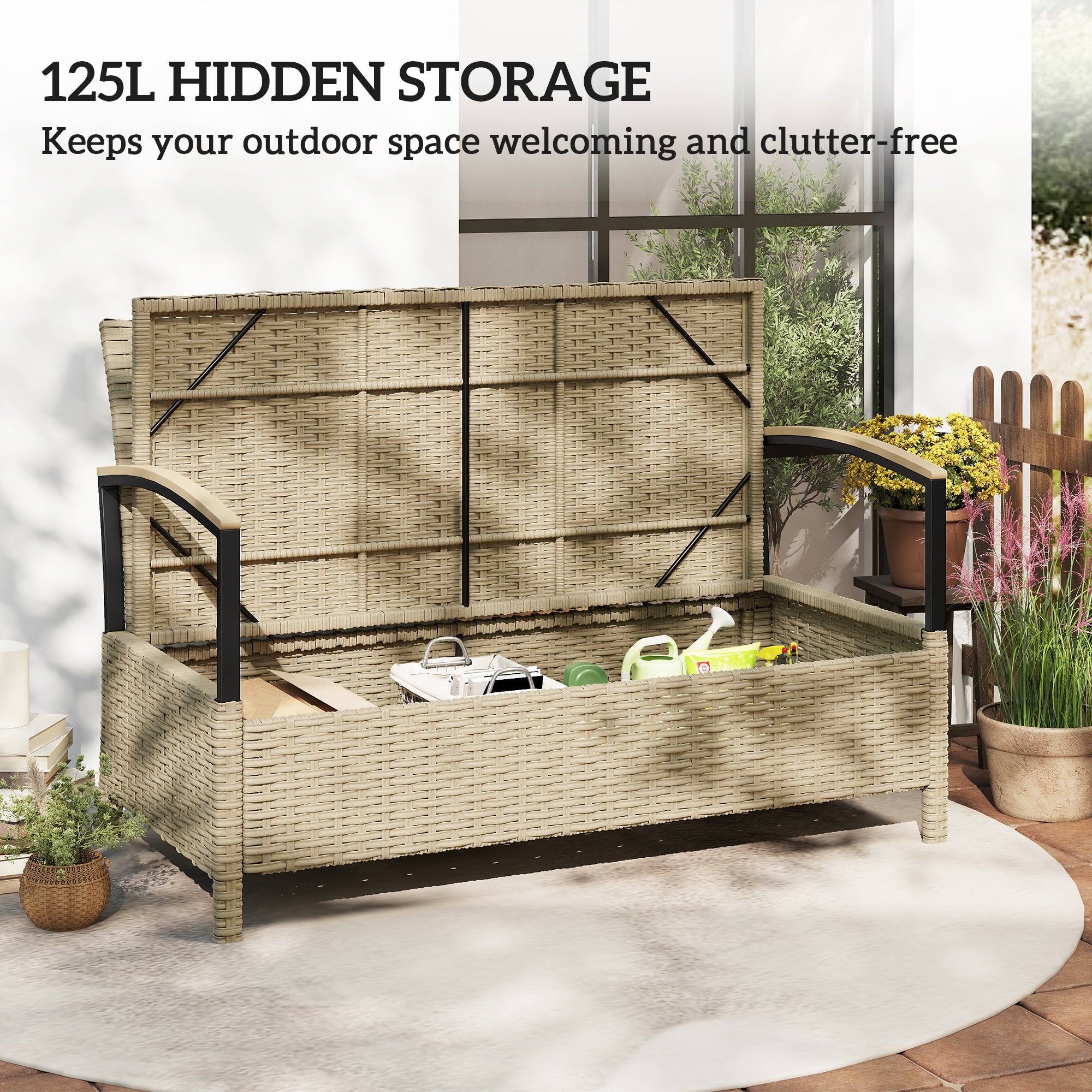 Outsunny 125L Garden Storage Bench, 2 Seater PE Rattan Outdoor Bench Storage Box with Padded Cushion, Khaki 