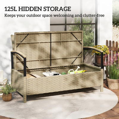 Outsunny 125L Garden Storage Bench, 2 Seater PE Rattan Outdoor Bench Storage Box with Padded Cushion, Khaki 