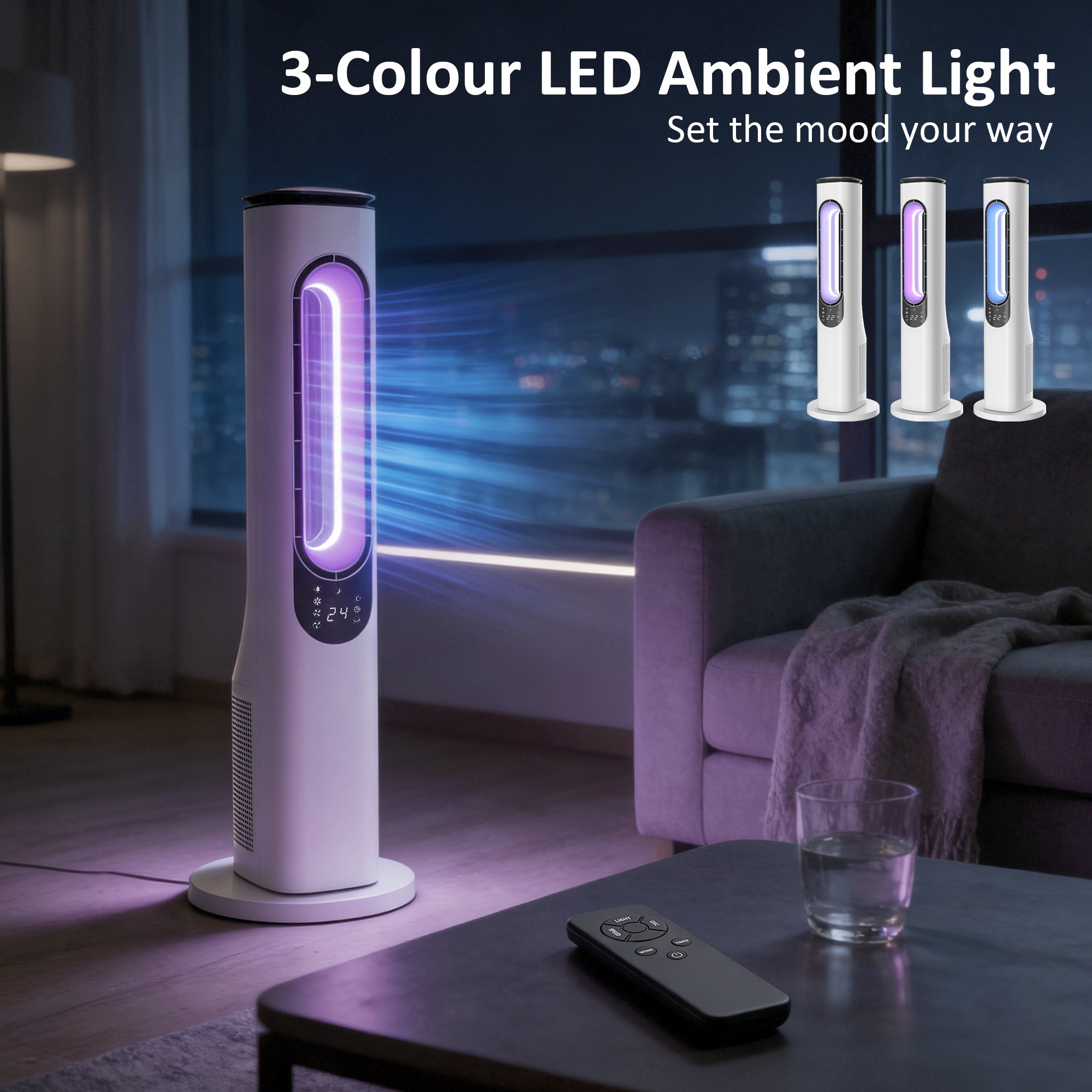 HOMCOM Bladeless Tower Fan for Bedroom, 35dB Standing Cooling Fan with Oscillating, LED Lights, 3 Speeds, 15H Timer, White 