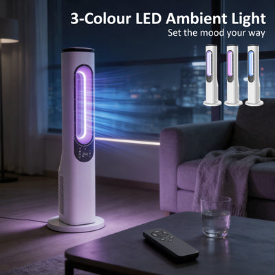 HOMCOM Bladeless Tower Fan for Bedroom, 35dB Standing Cooling Fan with Oscillating, LED Lights, 3 Speeds, 15H Timer, White 