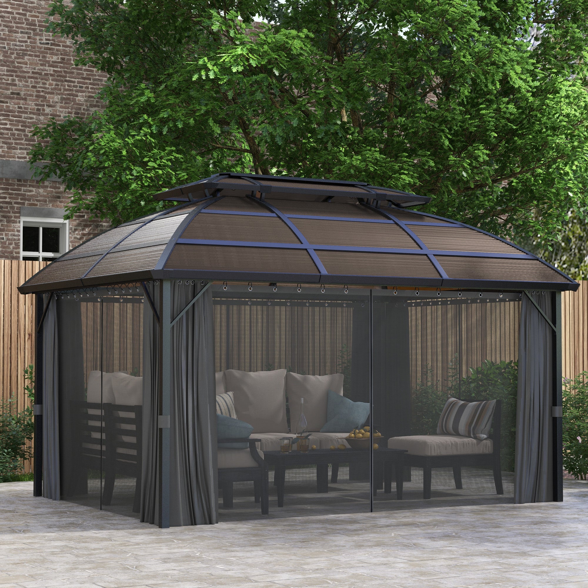 Outsunny 4 x 3m Aluminium Frame Hard Gazebo, with Accessories - Brown 