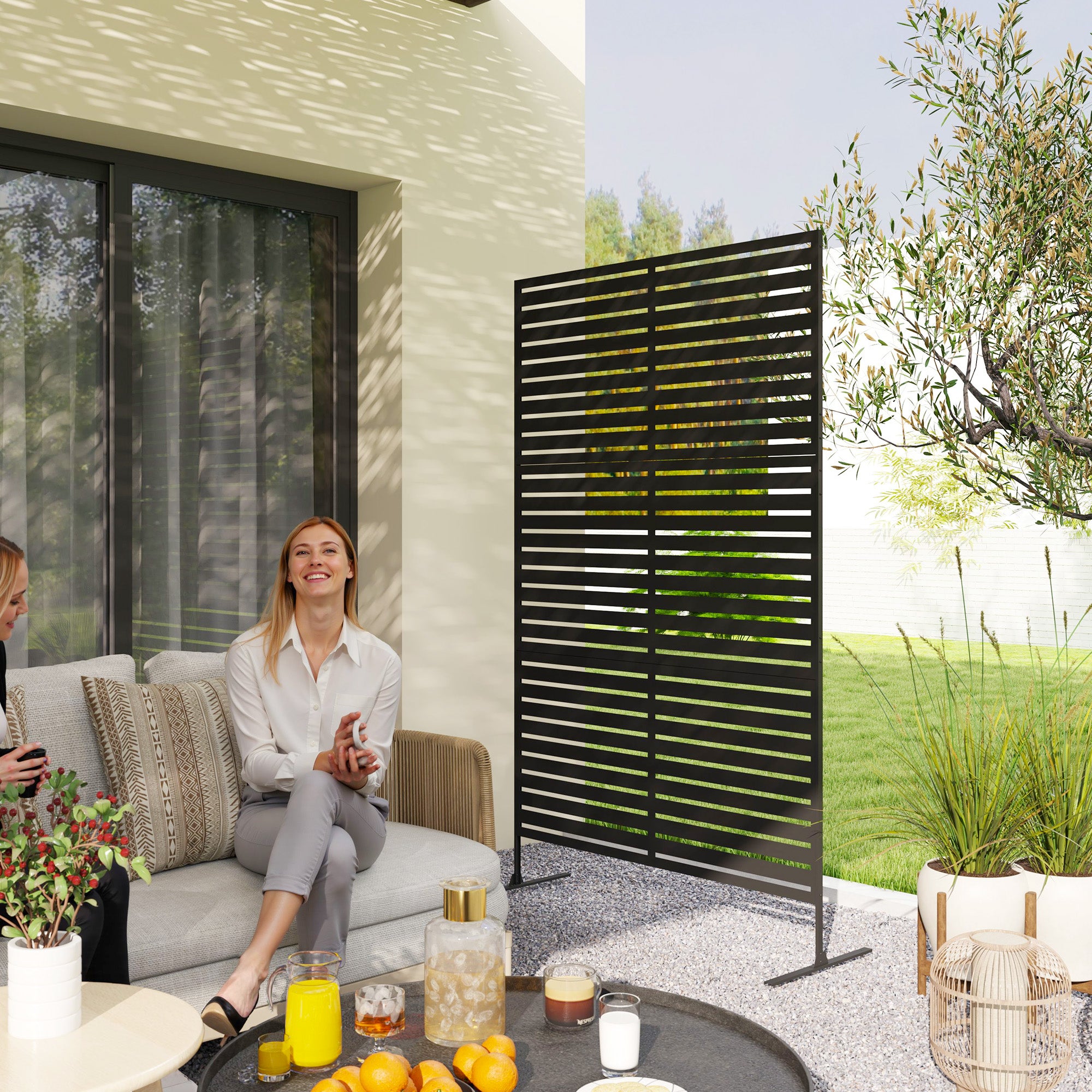 Outsunny Decorative Privacy Fence Screen, Metal Outdoor Privacy Screen Climbing Plant Trellis with Stand, 122 x 198 cm, Black 