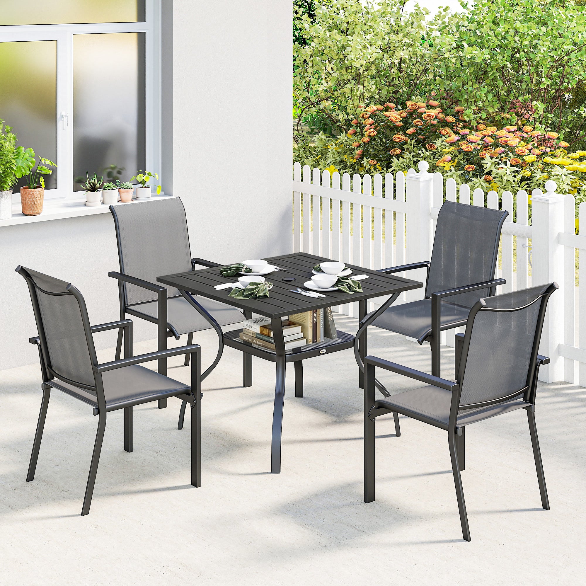 Outsunny 5 Pieces Outdoor Dining Set for 4, Garden Table and Stackable Chairs with Breathable Mesh Seat and Parasol Hole, Grey 