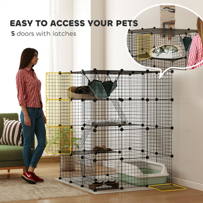 PawHut Steel Wire Cat Cage Indoor with Hammock, Ramps, Doors, DIY Cat Enclosure for 1-3 Cats, Black 