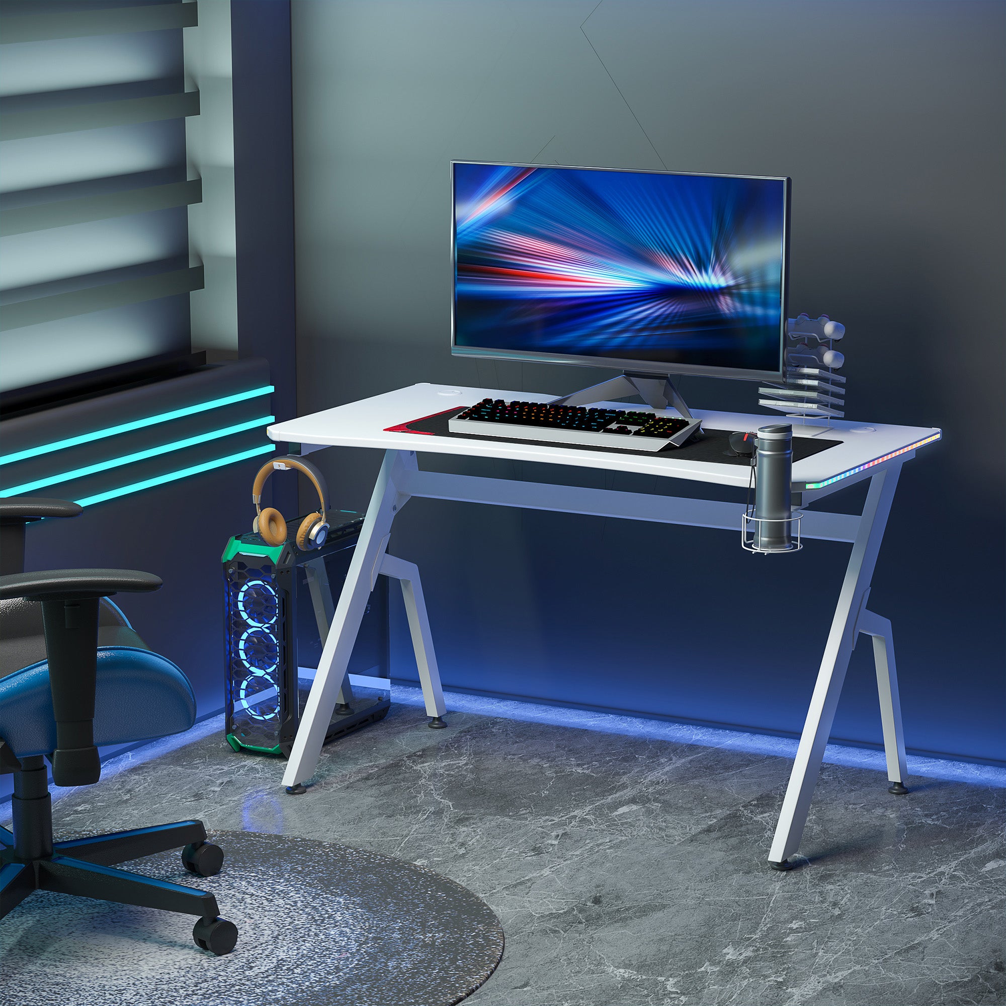 HOMCOM RGB 120 x 66cm Gaming Desk, Computer Table with Carbon Fibre Surface, Headphone Hook, Cup Holder, Controller Rack, Home Office Desk, White 