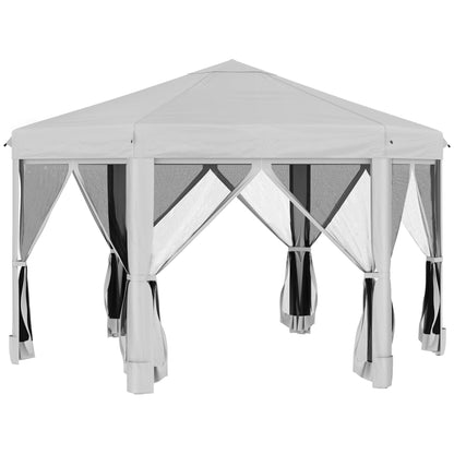Outsunny 3.2m Pop Up Gazebo Hexagonal Canopy Tent Outdoor Sun Protection with Mesh Sidewalls, Handy Bag, Light Grey