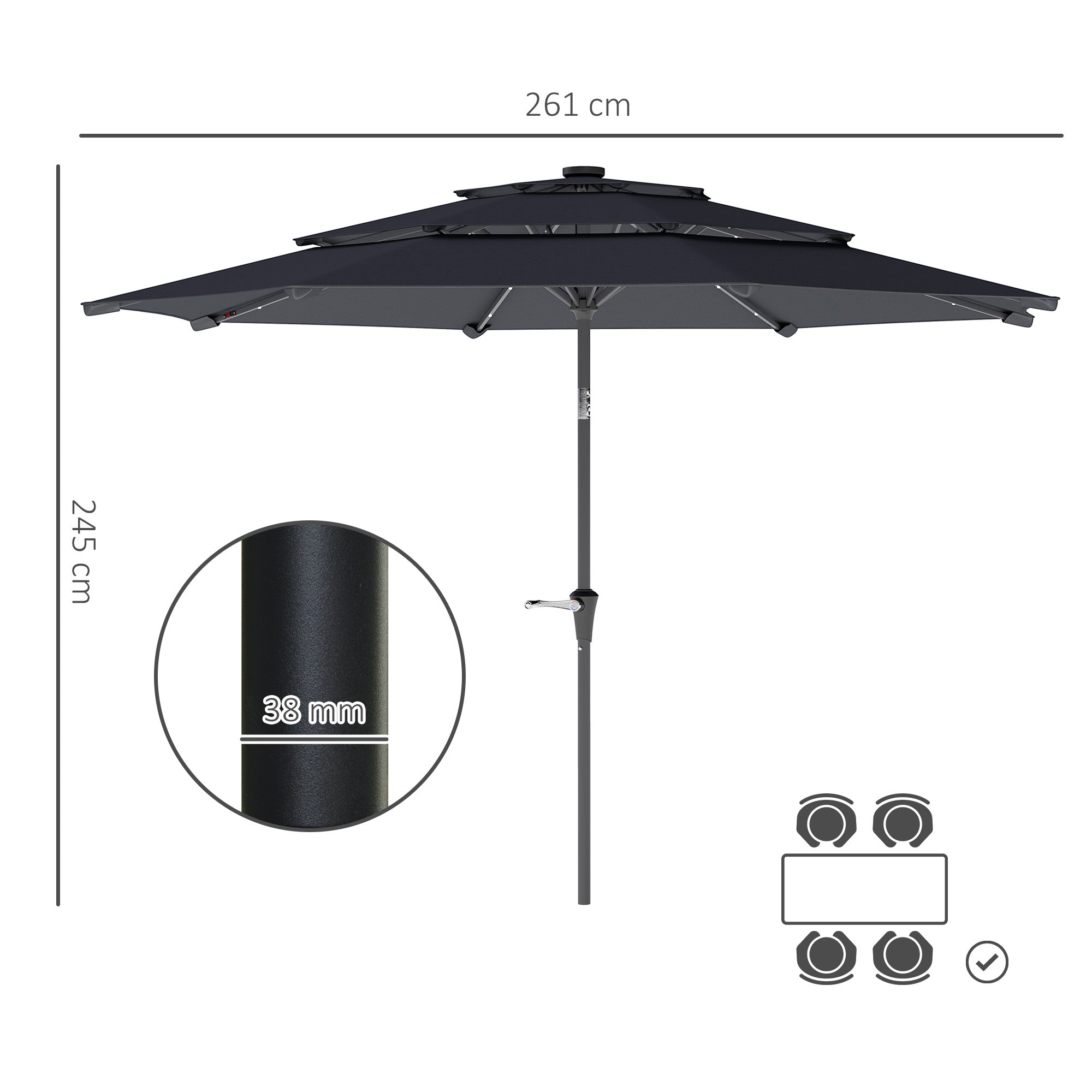 Outsunny 3-Tier Garden Parasol with Solar LED Lights, UPF 30+, Tilt Mechanism & Crank Handle, for Market Terrace, Dark Grey 