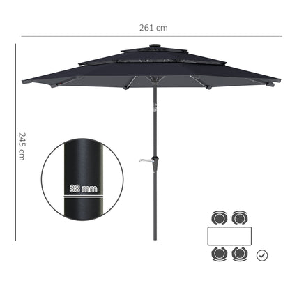 Outsunny 3-Tier Garden Parasol with Solar LED Lights, UPF 30+, Tilt Mechanism & Crank Handle, for Market Terrace, Dark Grey 