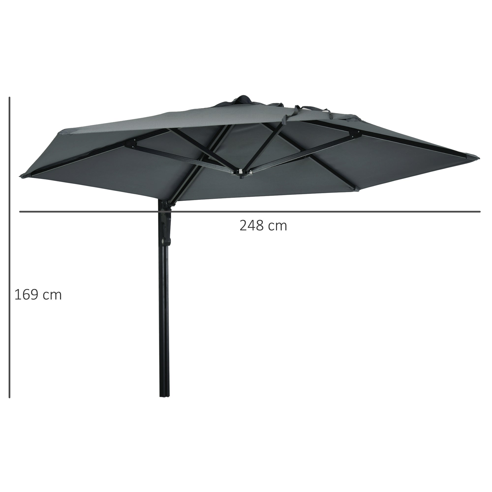 Outsunny 2.5m Wall Mounted Parasol, Hand to Push Outdoor Patio Umbrella with 180 Degree Rotatable Canopy for Porch, Deck, Garden, 250 cm, Dark Grey 