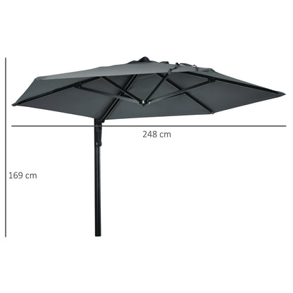 Outsunny 2.5m Wall Mounted Parasol, Hand to Push Outdoor Patio Umbrella with 180 Degree Rotatable Canopy for Porch, Deck, Garden, 250 cm, Dark Grey 