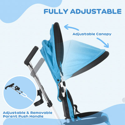 HOMCOM 6 in 1 Kids Trike Push Bike w/ Push Handle, Canopy, 5-point Safety Belt, Storage, Footrest, Brake, for 1-5 Years, Blue 