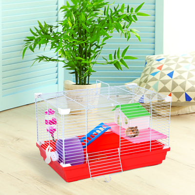 PawHut Hamster Cage, Small Gerbil Cage 2 Tiers Portable w/ Handle, Exercise Wheel, Water Bottle, Dishes 