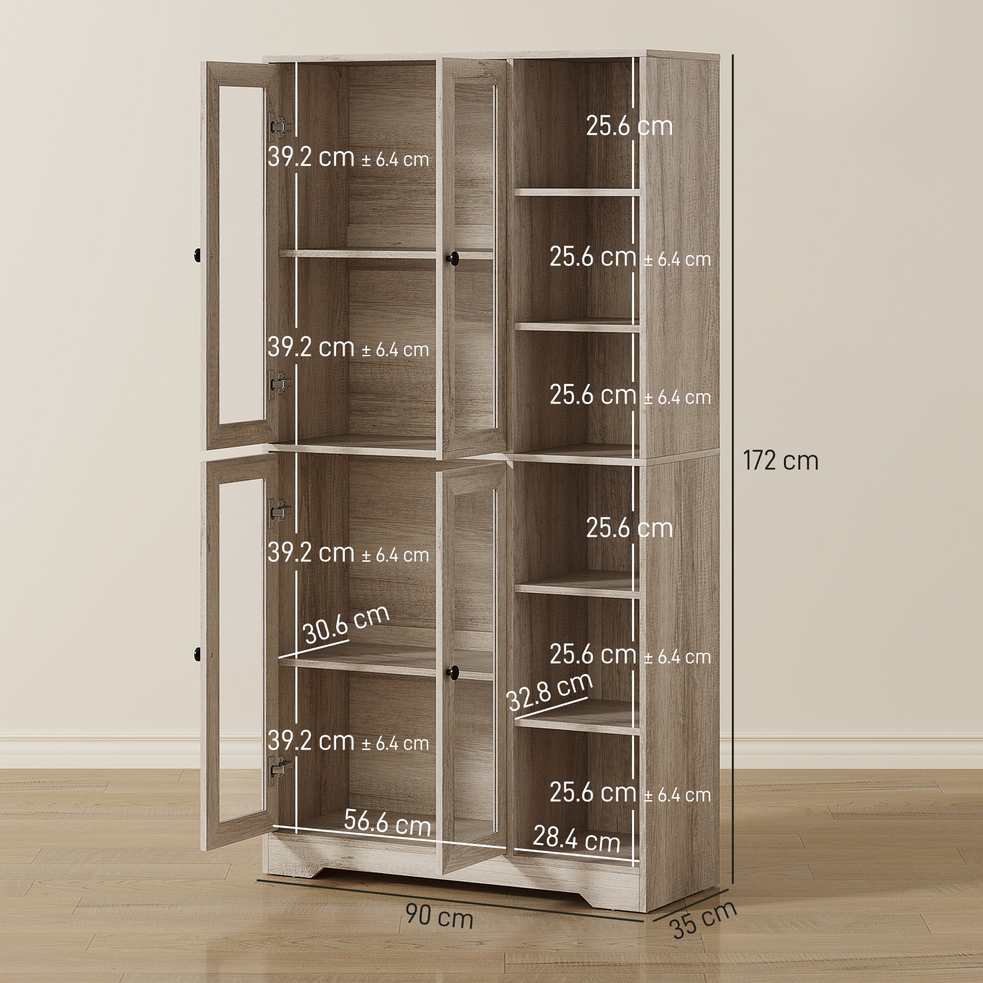 HOMCOM Multi-Storage Kitchen Cabinet, with Glass Doors - Grey Wood-Effect 