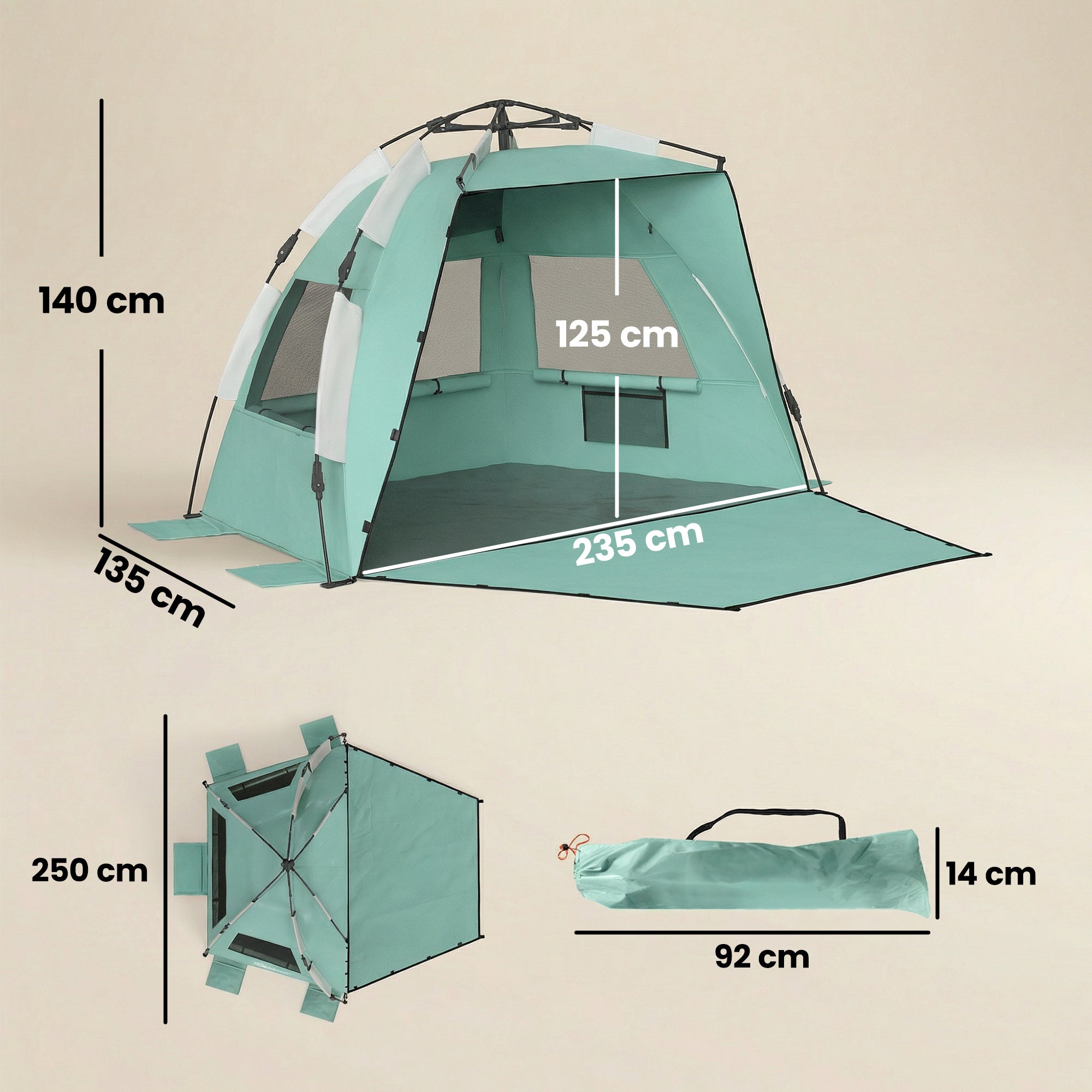 Outsunny 2-3 Person Pop Up Beach Tent, UPF15+ Sun Shelter with Extended Floor, Sandbags, Mesh Windows and Carry Bag, Green 