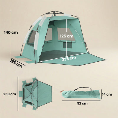 Outsunny 2-3 Person Pop Up Beach Tent, UPF15+ Sun Shelter with Extended Floor, Sandbags, Mesh Windows and Carry Bag, Green 