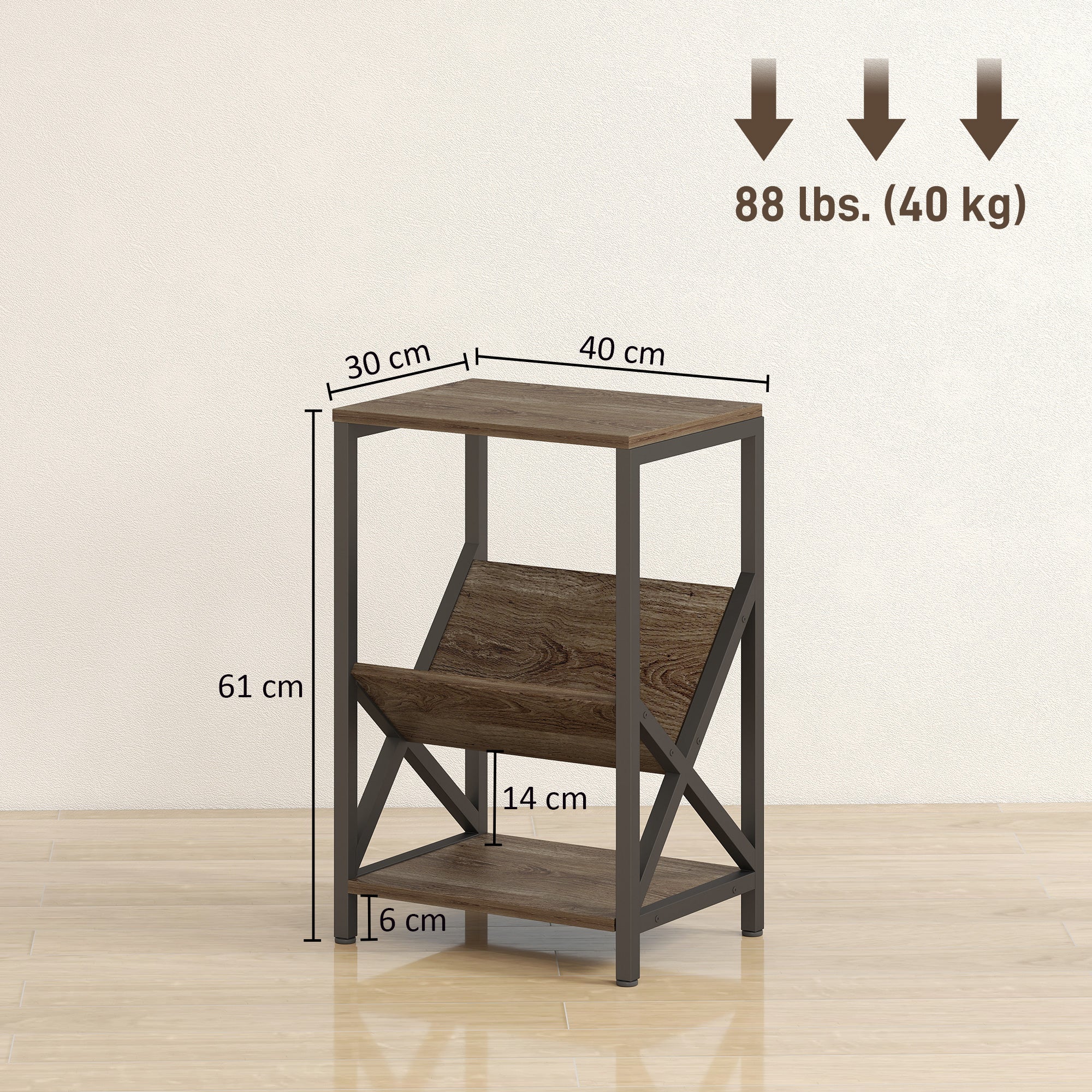 HOMCOM Narrow Side Table, End Table with 3-Tier Storage, V-Shaped Magazine Holder for Living Room, Bedroom, 40 x 30 x 61cm, Oak 