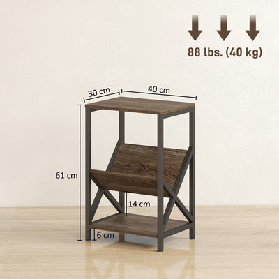 HOMCOM Narrow Side Table, End Table with 3-Tier Storage, V-Shaped Magazine Holder for Living Room, Bedroom, 40 x 30 x 61cm, Oak 
