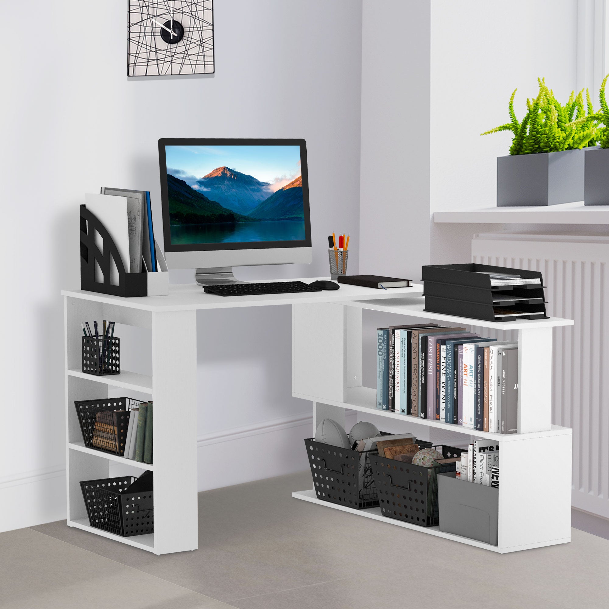 HOMCOM Corner Computer Desk, L Shaped Desk with 360° Rotating Bookshelf, 120L x 110W x 74.5H cm, White 