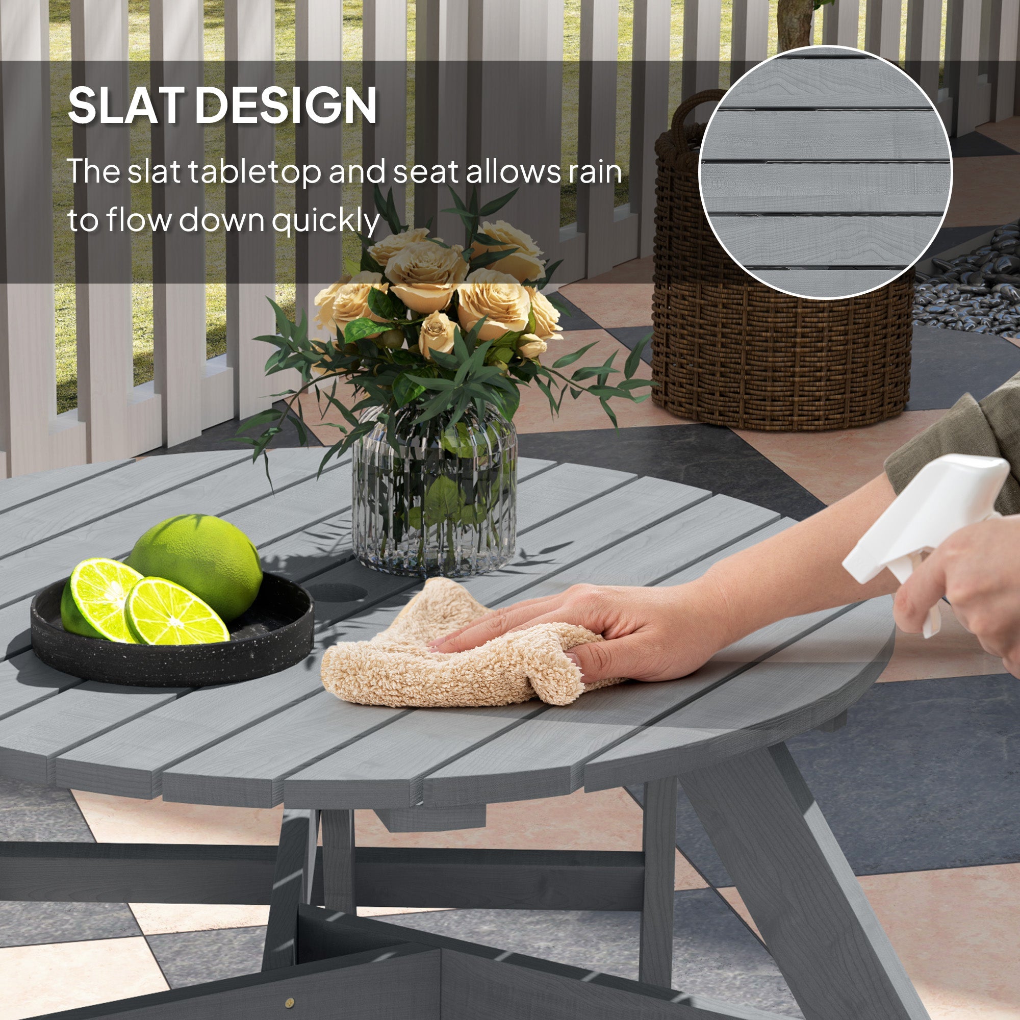 Outsunny 6 Seater Wooden Picnic Table and Garden Benches Set, Round Garden Dining Set with 3 Benches and Umbrella Hole Outdoor Garden Park, Grey 