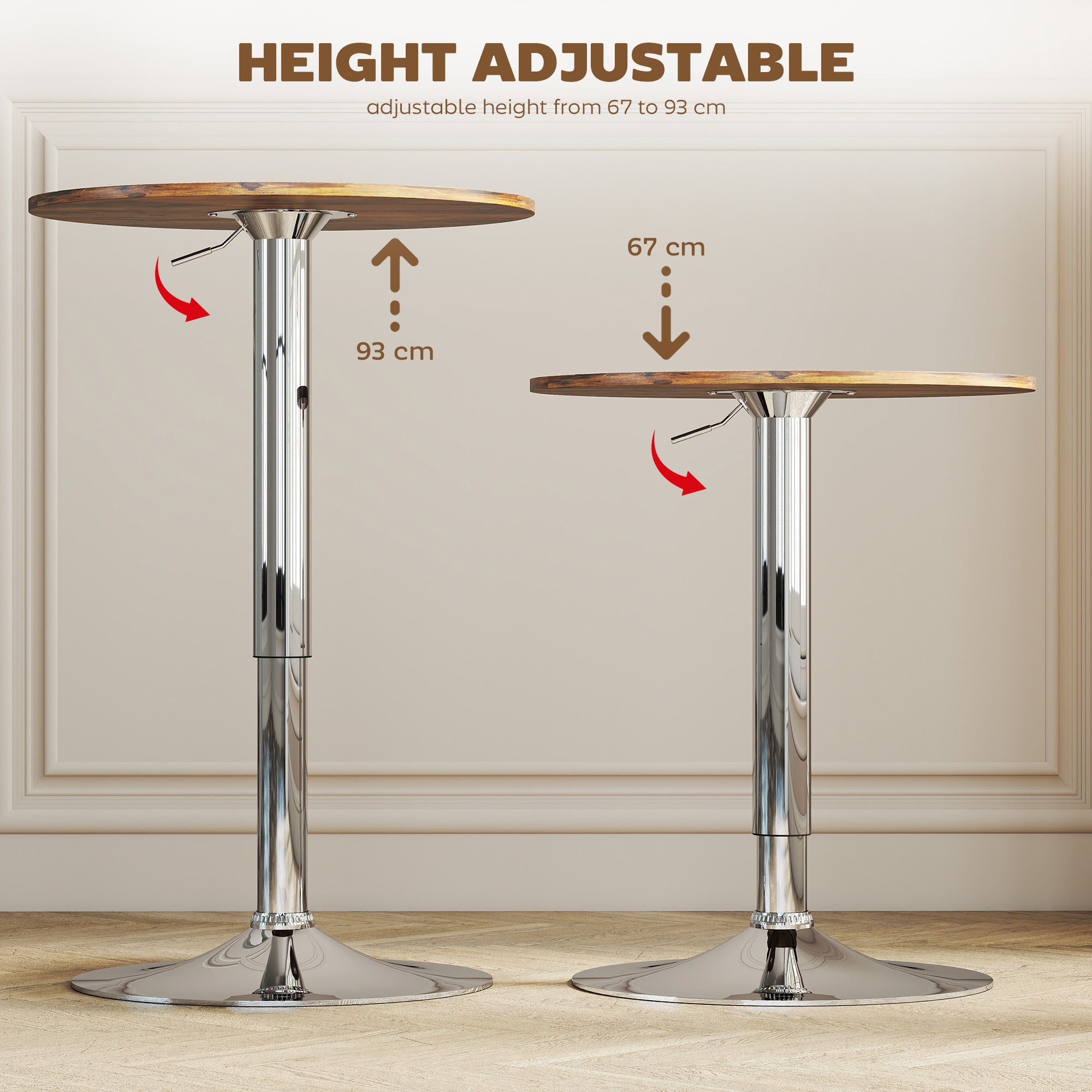 HOMCOM Round Bar Table, 360 Degree Swivel Counter Pub Table with Adjustable Height, for Kitchen, Cafe, Rustic Brown 