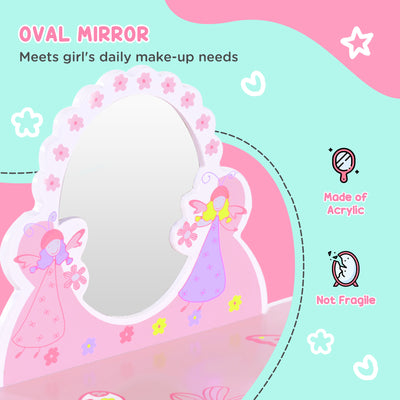 HOMCOM Kids Dressing Table Girls Pink Wooden Kids Dressing Table & Stool Make Up Desk Chair Toys Fairy Dresser Play Set w/Mirror 
