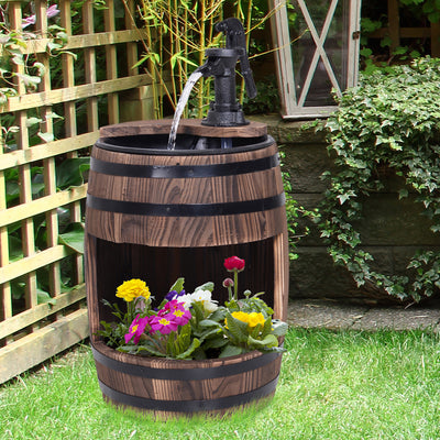 Outsunny Wood Barrel Patio Water Fountain Electric Pump Garden Decorative Ornament with Flower Planter Decor 