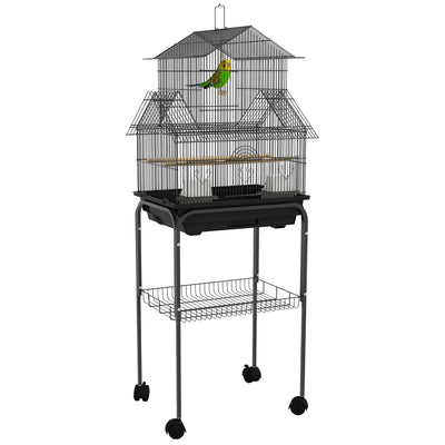 PawHut Metal Bird Cage with Plastic Swing, Perch, Food Container, Tray, Handle, for Finches, Canaries, Budgies, 43.5 x 33 x 121 