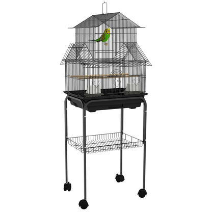 PawHut Metal Bird Cage with Plastic Swing, Perch, Food Container, Tray, Handle, for Finches, Canaries, Budgies, 43.5 x 33 x 121