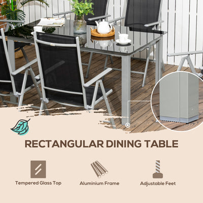 Outsunny 7 Piece Garden Dining Set, Outdoor Table and 6  Folding and Reclining Chairs, Aluminium Frame, Tempered Glass Top Table, Texteline Seats, Black 