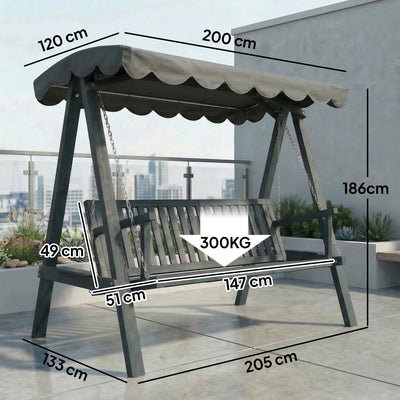 Outsunny 3 Seater Garden Swing Seat with Canopy, Wooden Swing Chair, Outdoor Hammock Bench for Balcony Patio Porch, Grey 