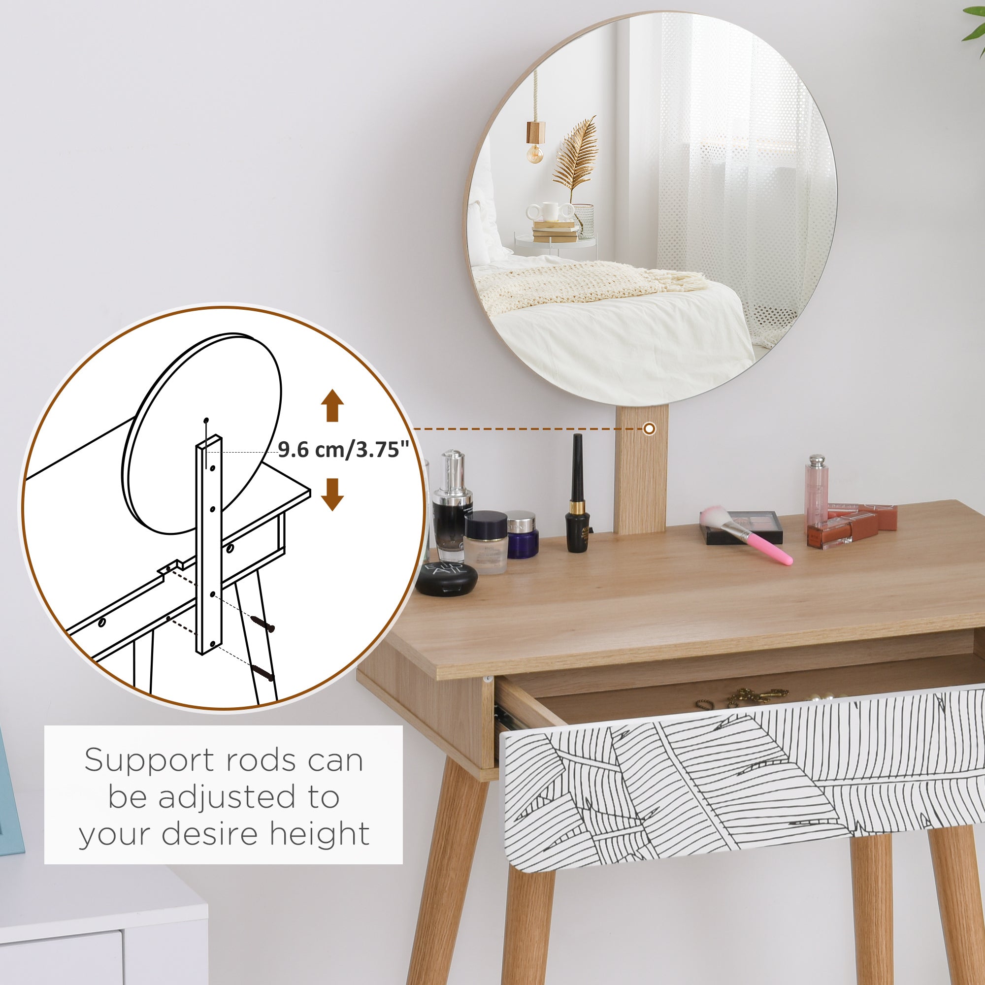 HOMCOM Dressing Table with Drawer and Mirror height adjustable Wooden Oak Color  Bedroom Dressing Room Elegant and Durable 