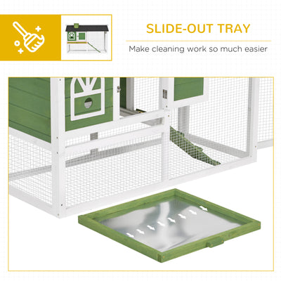 PawHut Wooden Rabbit Hutch and Run with Sliding Tray, Ramp, Water-resistant Roof, for 2-4 Rabbits, Green 