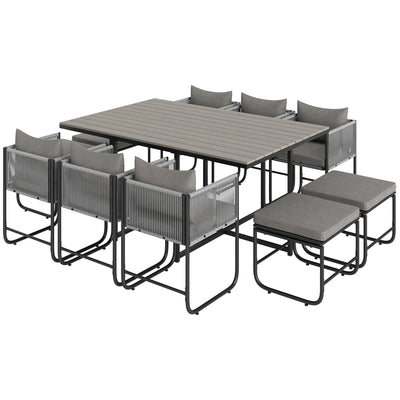 Outsunny 10 Seater Rattan Cube Garden Furniture Set, Rattan Dining Set with Cushions, Outdoor Dining Table and Chairs with 6 Armchairs, 4 Stools, Rectangular Wood Grain Plastic Top Table, Grey 