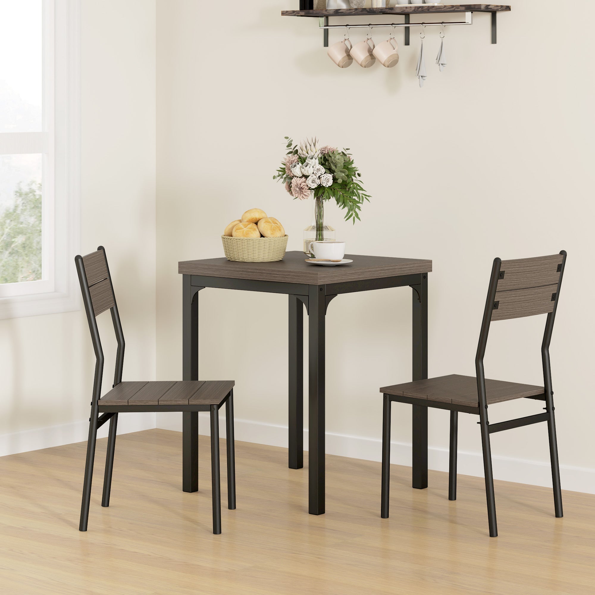 HOMCOM Three-Piece Minimal and Compact Dining Set, Grey Wood Grain 