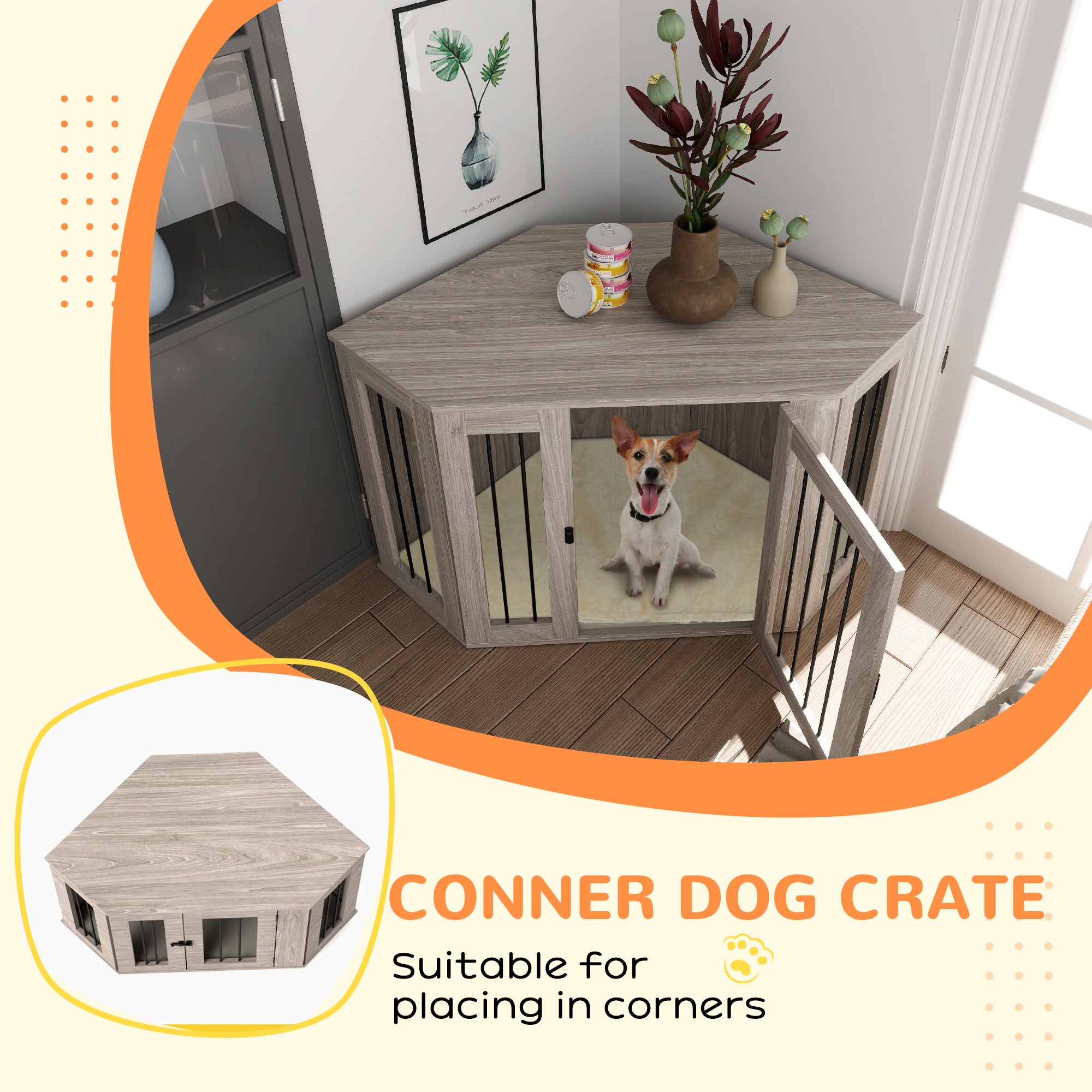 PawHut 2 in 1 Dog Crate Furniture Side Table, with Cushion, 122 x 61 x 71cm - Walnut Brown 