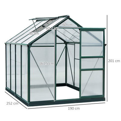 Outsunny 6 x 8ft Polycarbonate Greenhouse, Large Walk-In Green House with Slide Door and Window, Garden Plants Grow House with Aluminium Frame and Foundation, Dark Green 