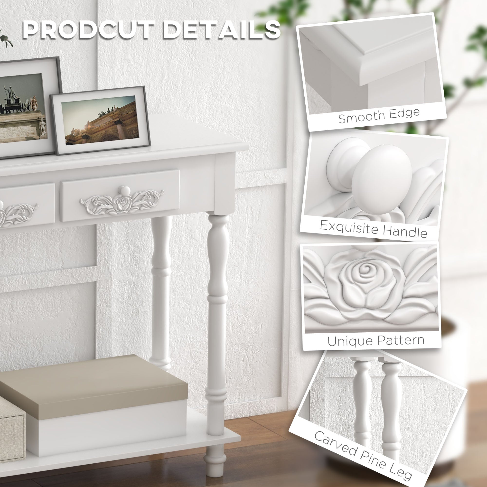 HOMCOM Console Table Modern Sofa Side Desk with Storage Shelves Drawers for Living Room Entryway Bedroom White 