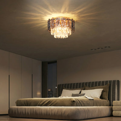 HOMCOM Chandelier Ceiling Light, 3-Light Flush Mount Fixture with Dual Crystal and Smoke Glass Shade, 40 cm LED Ceiling Light for Living Room Bedroom, 3 E14 Sockets, Bulbs Not Included, Gold Tone 