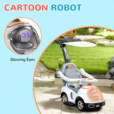AIYAPLAY 3 in 1 Ride on Push Car, Cartoon Robot Theme Foot to Floor Slider w/ Handle Light Music Horn, Storage - White 