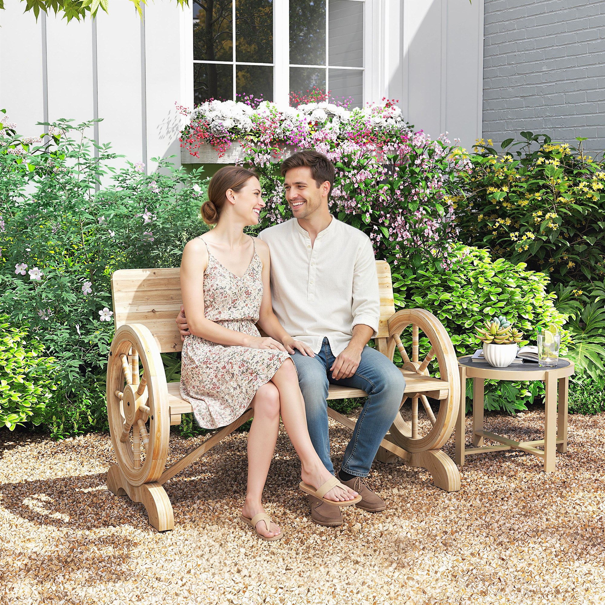Outsunny Fir Wood 2-Seater Outdoor Garden Wagon Wheel Bench, Natural Wood Finish 