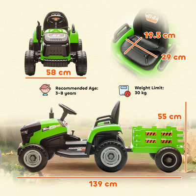 AIYAPLAY 12V Ride on Tractor and Trailer with Remote Control, Music, Shifter, Start-Up Sound, for Kids Ages 3-8 Years, Green 