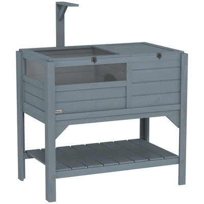 PawHut Wooden Tortoise House, with Shelter, Run, Shelf, Lamp Holder, Tray, Grey 